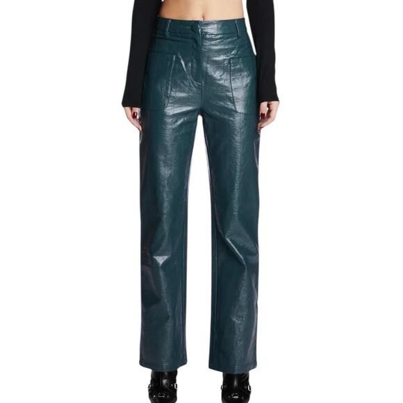 4th & Reckless Leather Look Embossed High Rise Flare Dark Teal Trousers Sz Large - Picture 1 of 9